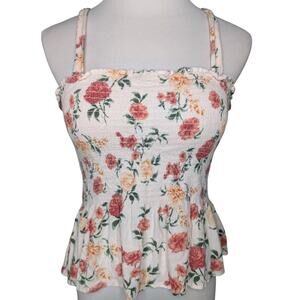 American Eagle White Smocked Ruffle Hem Coquette Prairie Festival Boho‎ Top MED